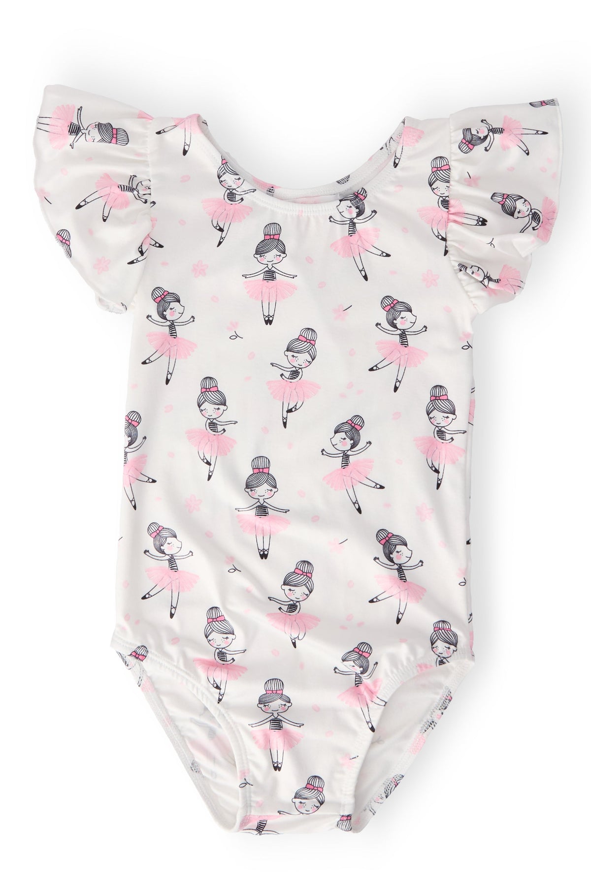 a white and pink one piece with a ballerina pattern