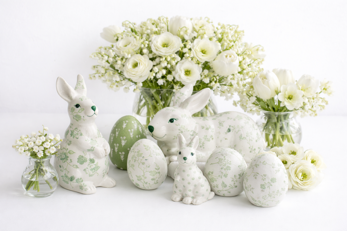Large Green and White Floral Standing Bunny
