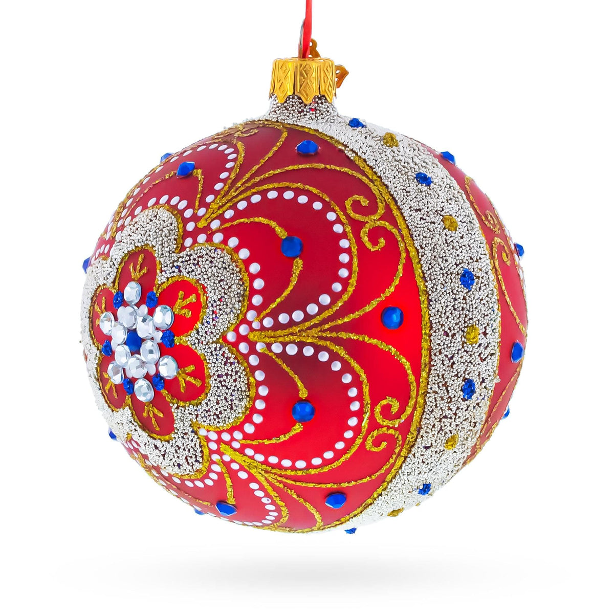 Baroque Filigree with Gemstones on Red Glass Ball Christmas Ornament 4 Inches