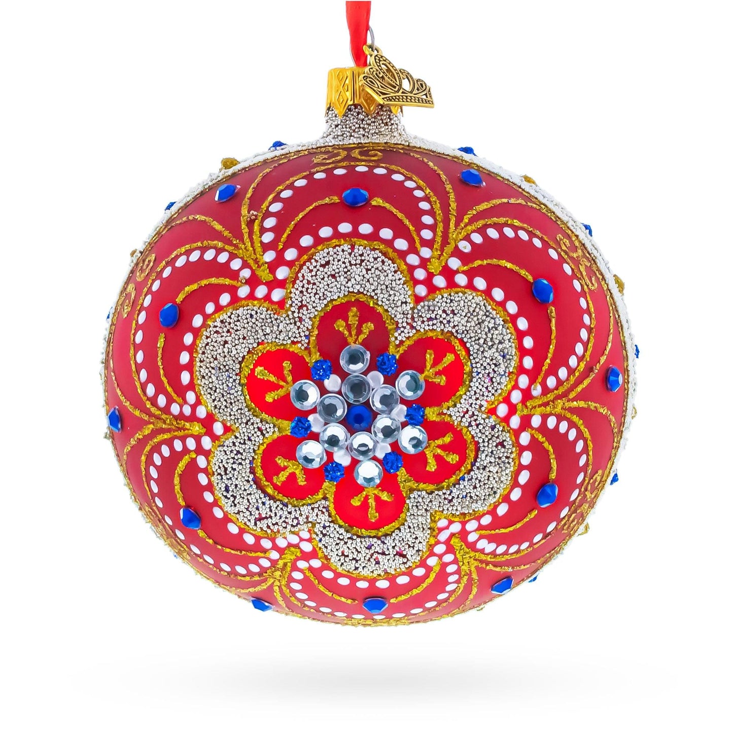 Baroque Filigree with Gemstones on Red Glass Ball Christmas Ornament 4 Inches