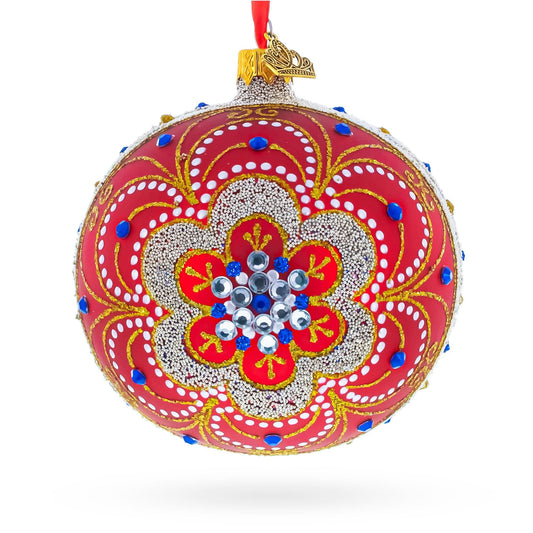 Baroque Filigree with Gemstones on Red Glass Ball Christmas Ornament 4 Inches