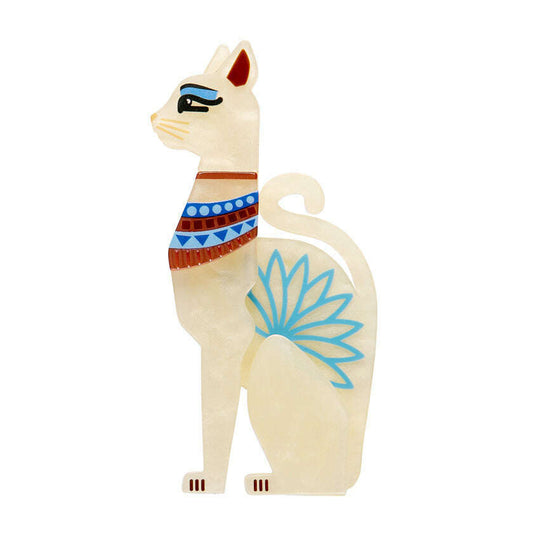 a cat statue with blue and red decorations