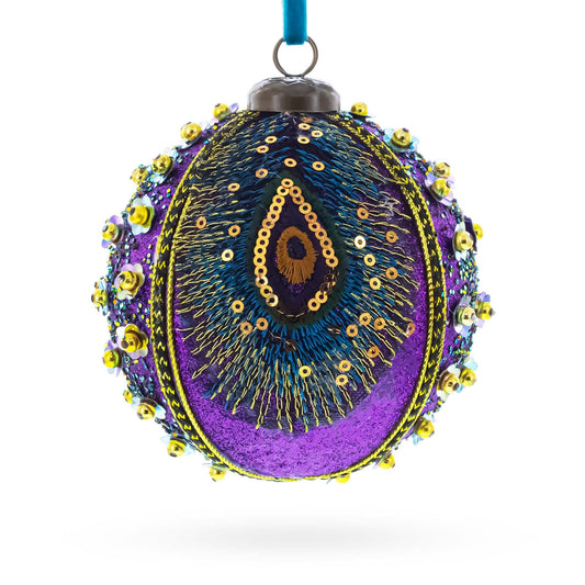 Beaded Purple Peacock Feather Glass Ball Christmas Ornament