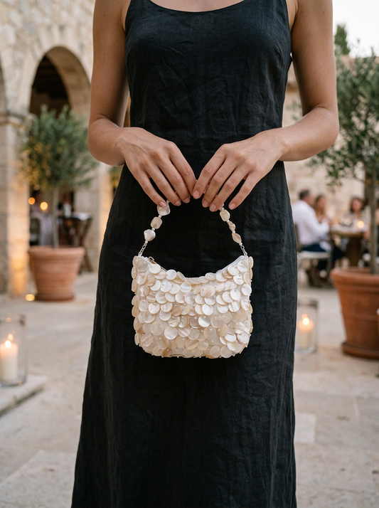 Luxe Handcrafted Mother of Pearl Disc Clutch for Special Occassion & Summer Vacations