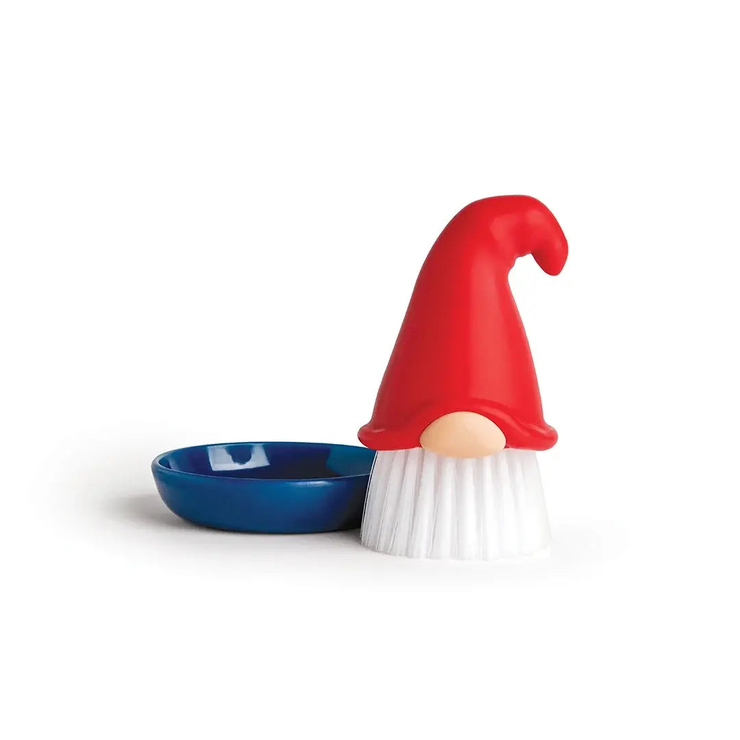 a red and white gnome scrub brush and dish