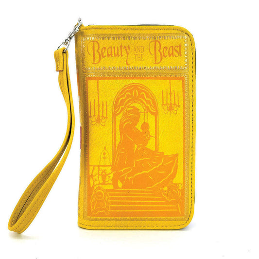 a yellow wallet with a picture of a woman sitting on a chair