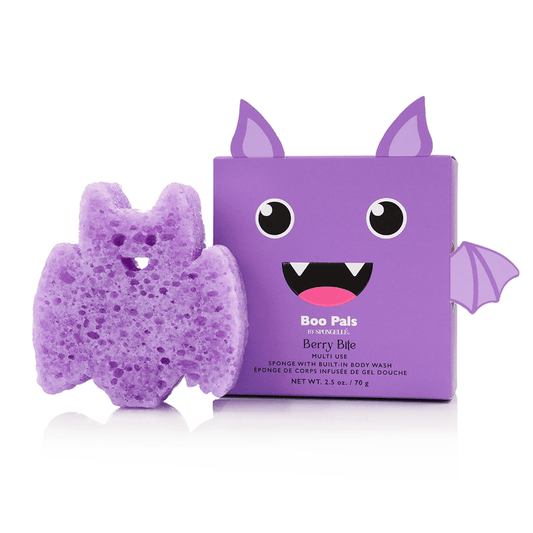 a purple bat shaped sponge next to a purple box