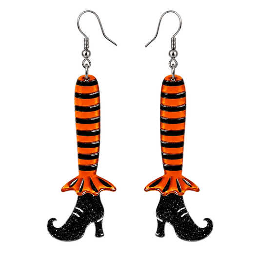 a pair of earrings with black and orange striped shoes