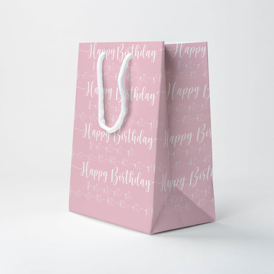 a pink bag with white text