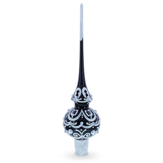 Black & White Scroll Pear Glass Christmas Tree Topper 11 Inches