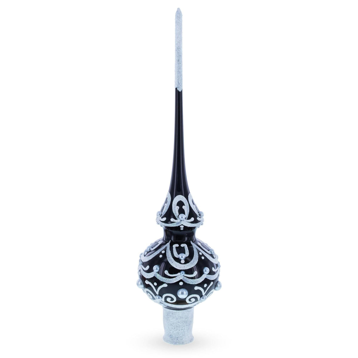 Black & White Scroll Pear Glass Christmas Tree Topper 11 Inches