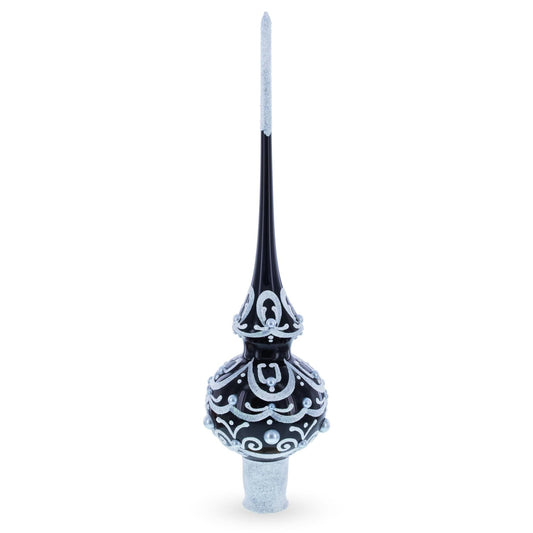 Black & White Scroll Pear Glass Christmas Tree Topper 11 Inches