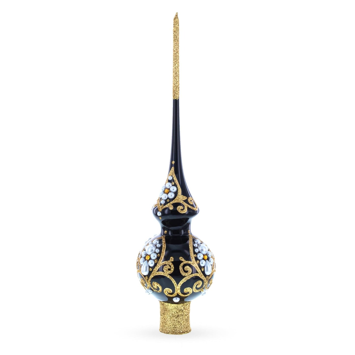 Black and Gold Filigree Design Glass Christmas Tree Topper 11 Inches
