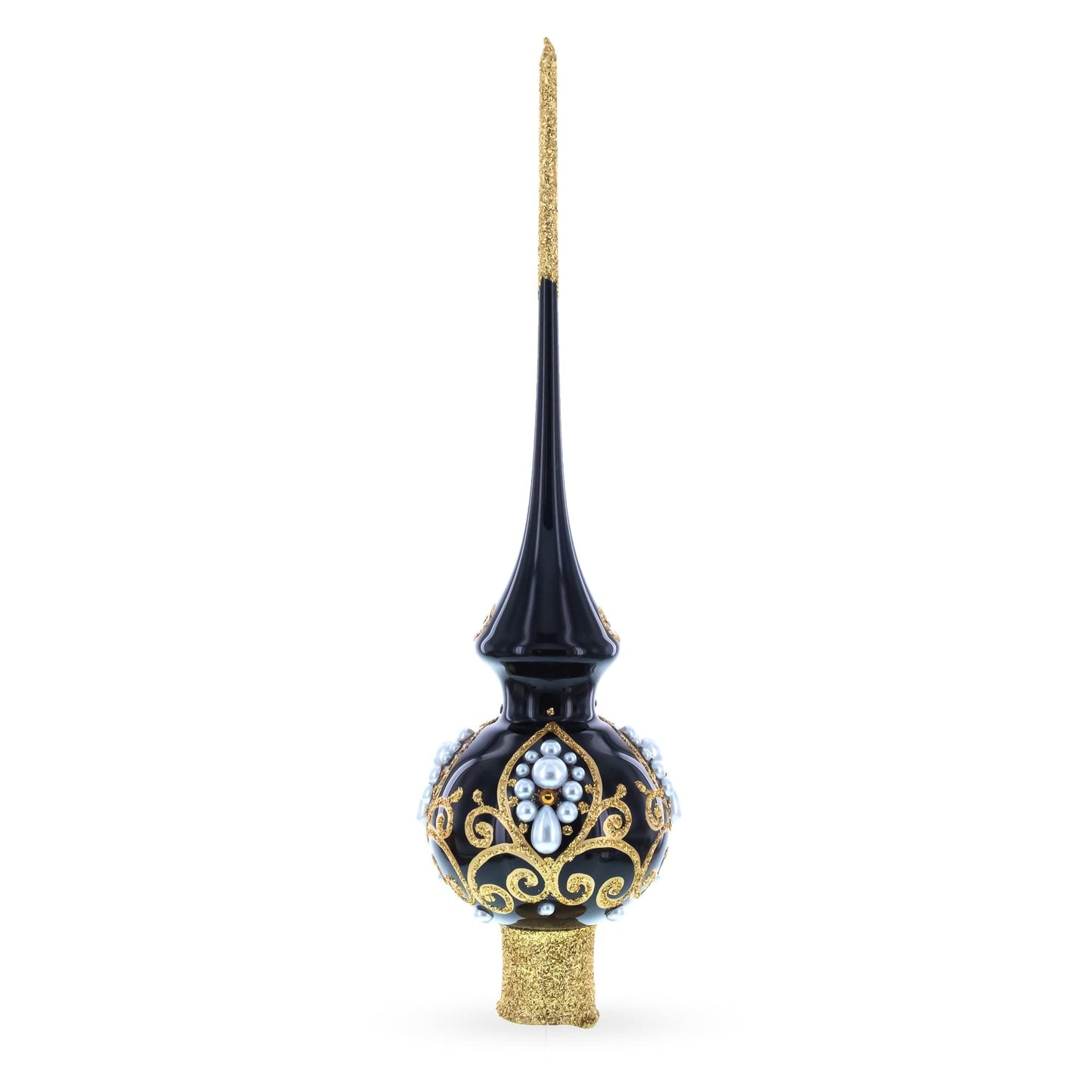 Black and Gold Filigree Design Glass Christmas Tree Topper 11 Inches