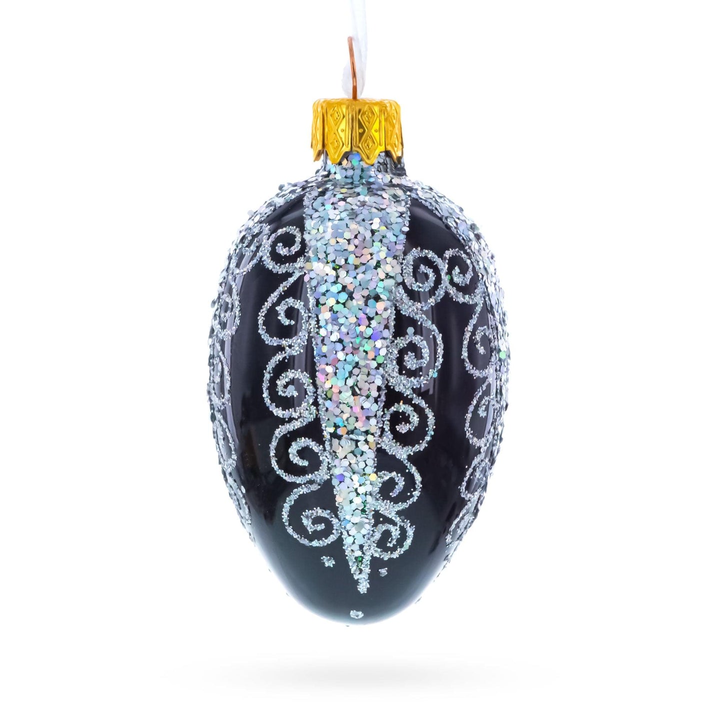 Black with Silver Glitter Swirls and Sequins Mini Glass Egg Ornament 2.9 Inches