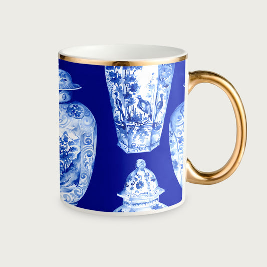 a blue and white coffee mug