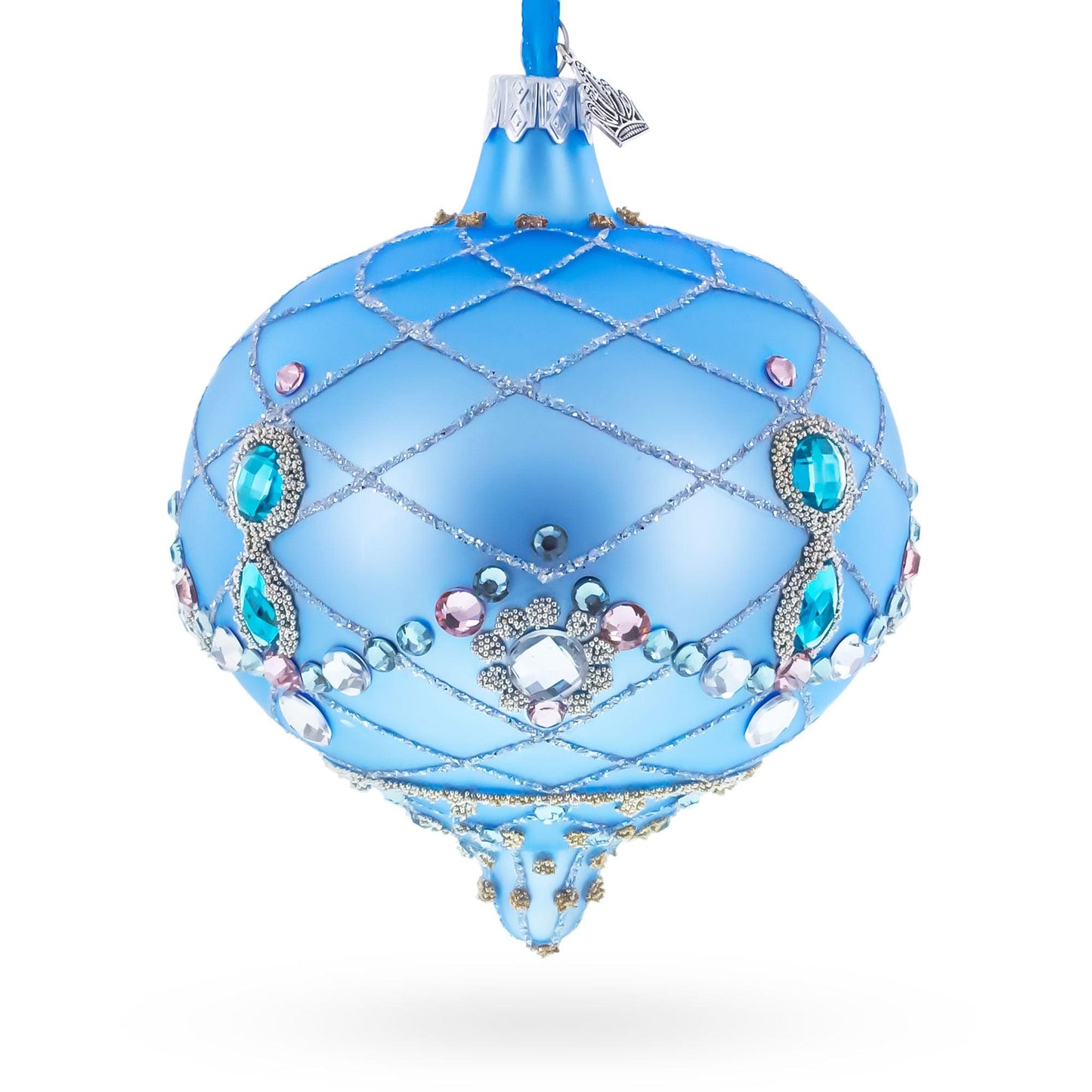 Blue Jeweled Lattice Diamond Onion-Shape Finial Glass Christmas Ornament