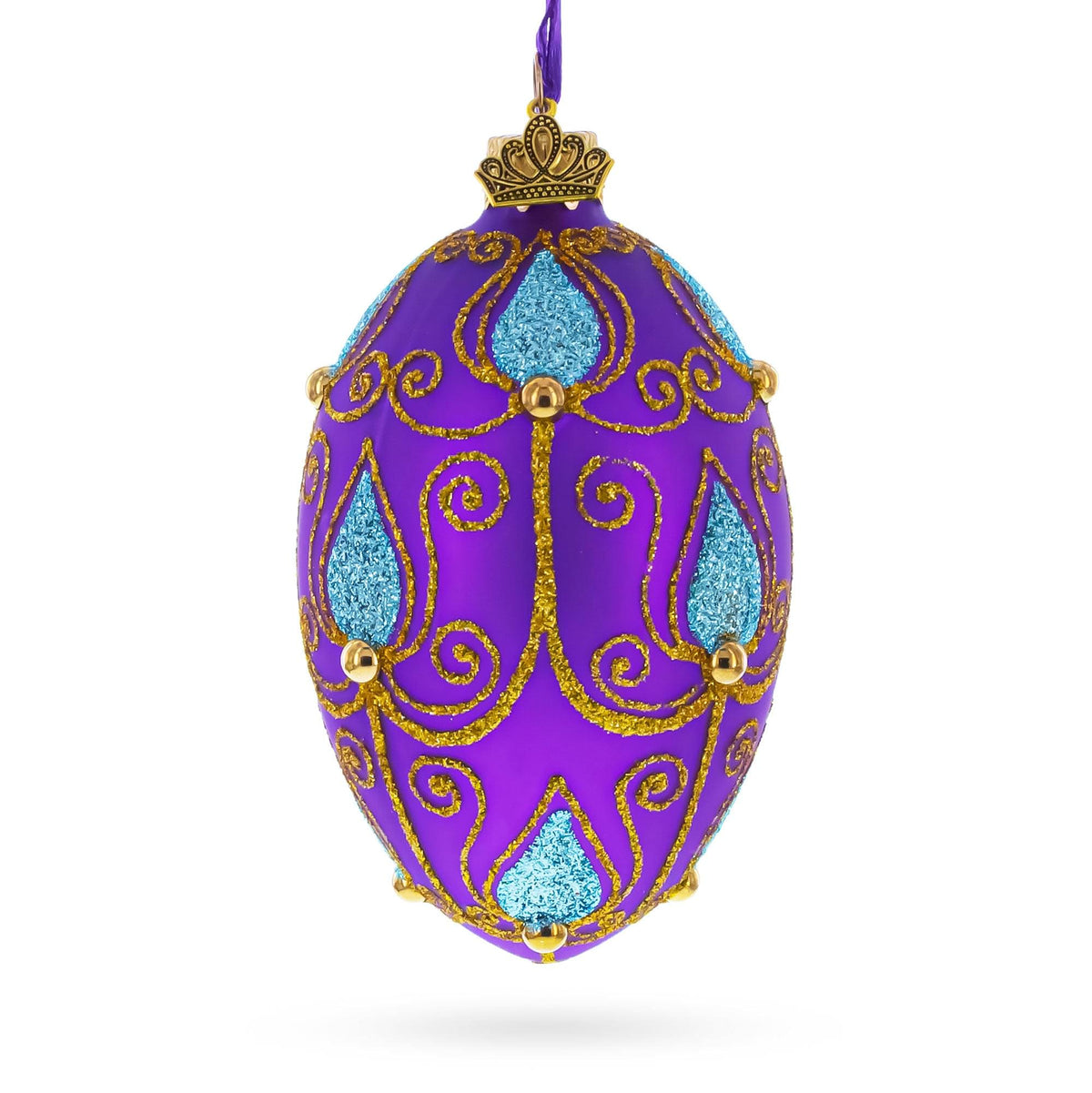 Blue Leaf on Purple Glass Egg Ornament 4 Inches