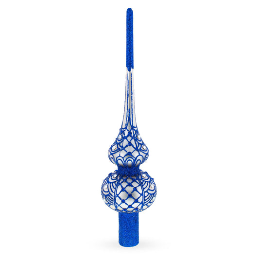Blue on Silver Glass Christmas Tree Topper 11 Inches