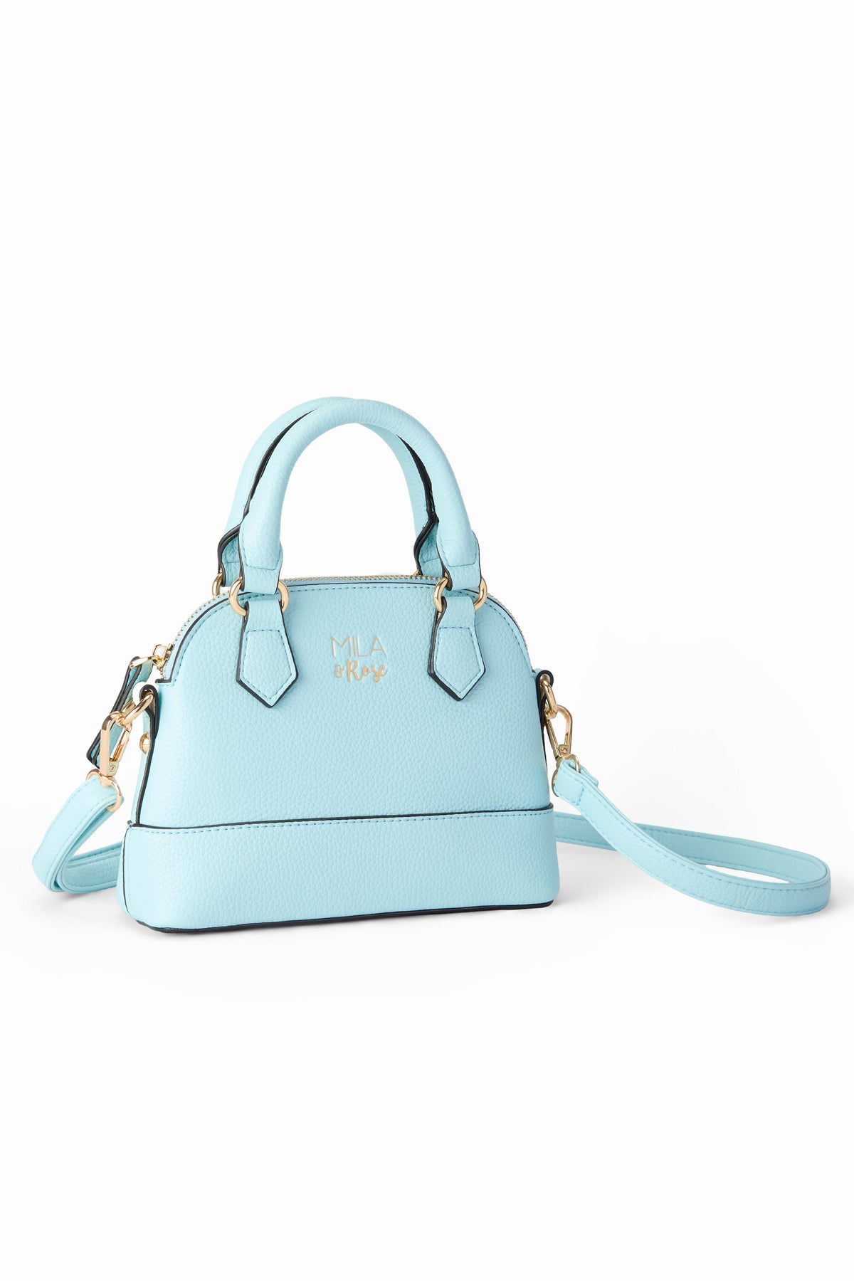 a light blue handbag with gold trim