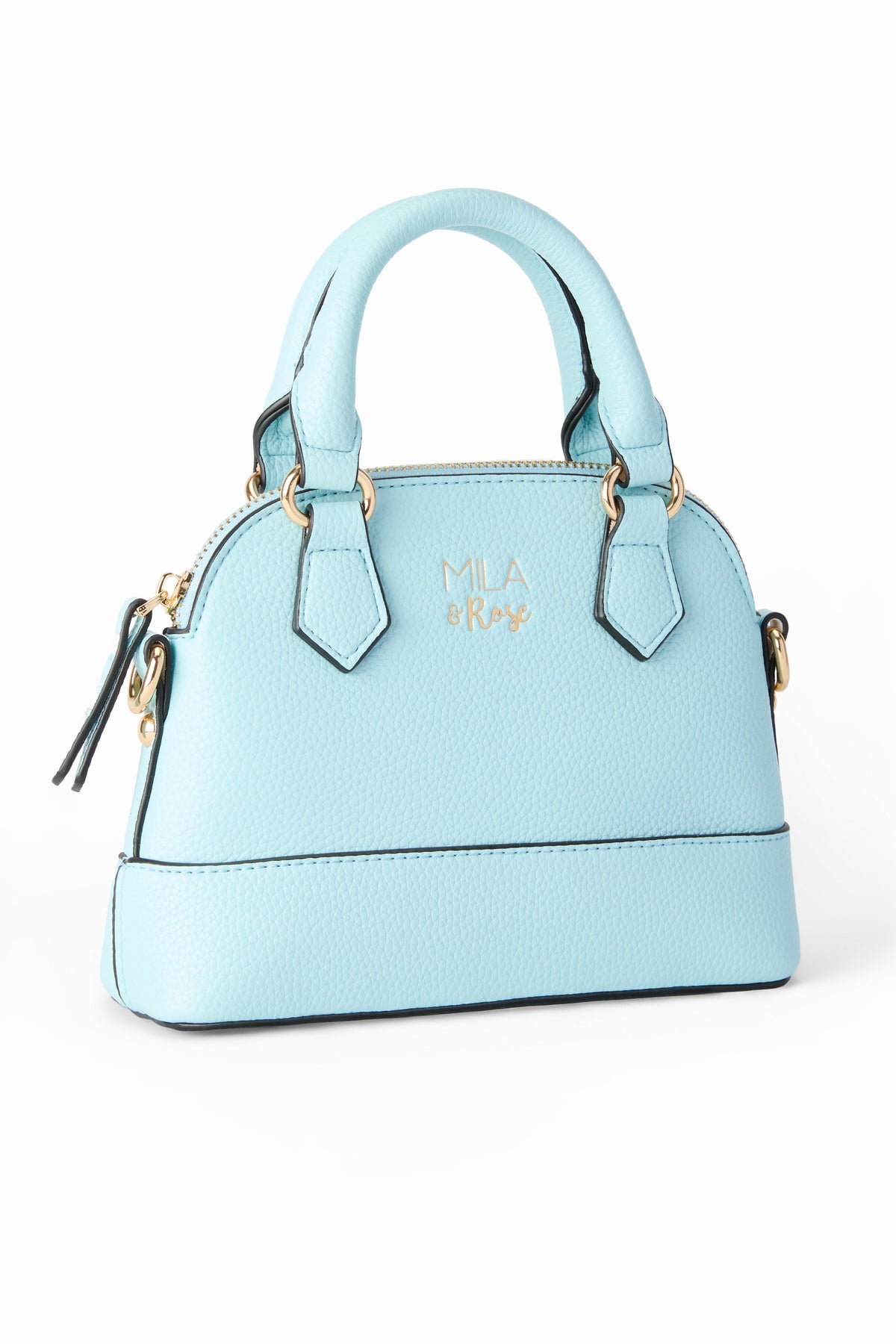 a light blue handbag with gold trim