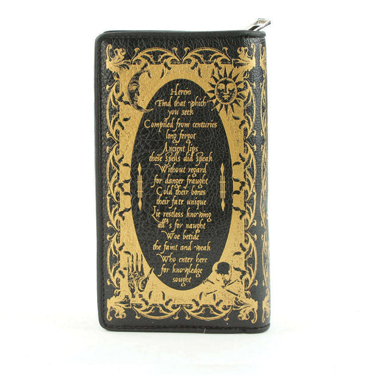 a black and gold leather case with gold text