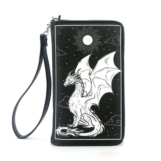 a black and white wallet with a dragon and sun