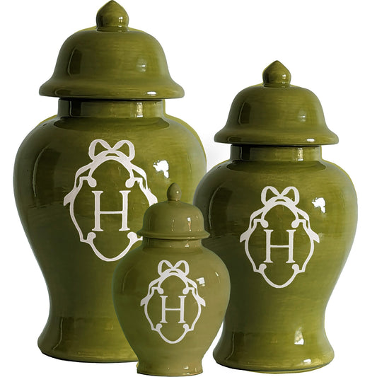 Bow Monogram Ginger Jars in Moss Green