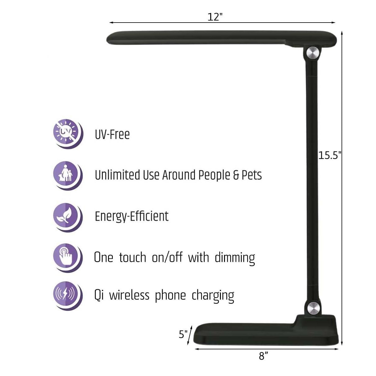 a black desk lamp with text and symbols