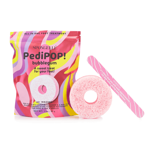 a pink and yellow bubblegum bag with a pink nail file
