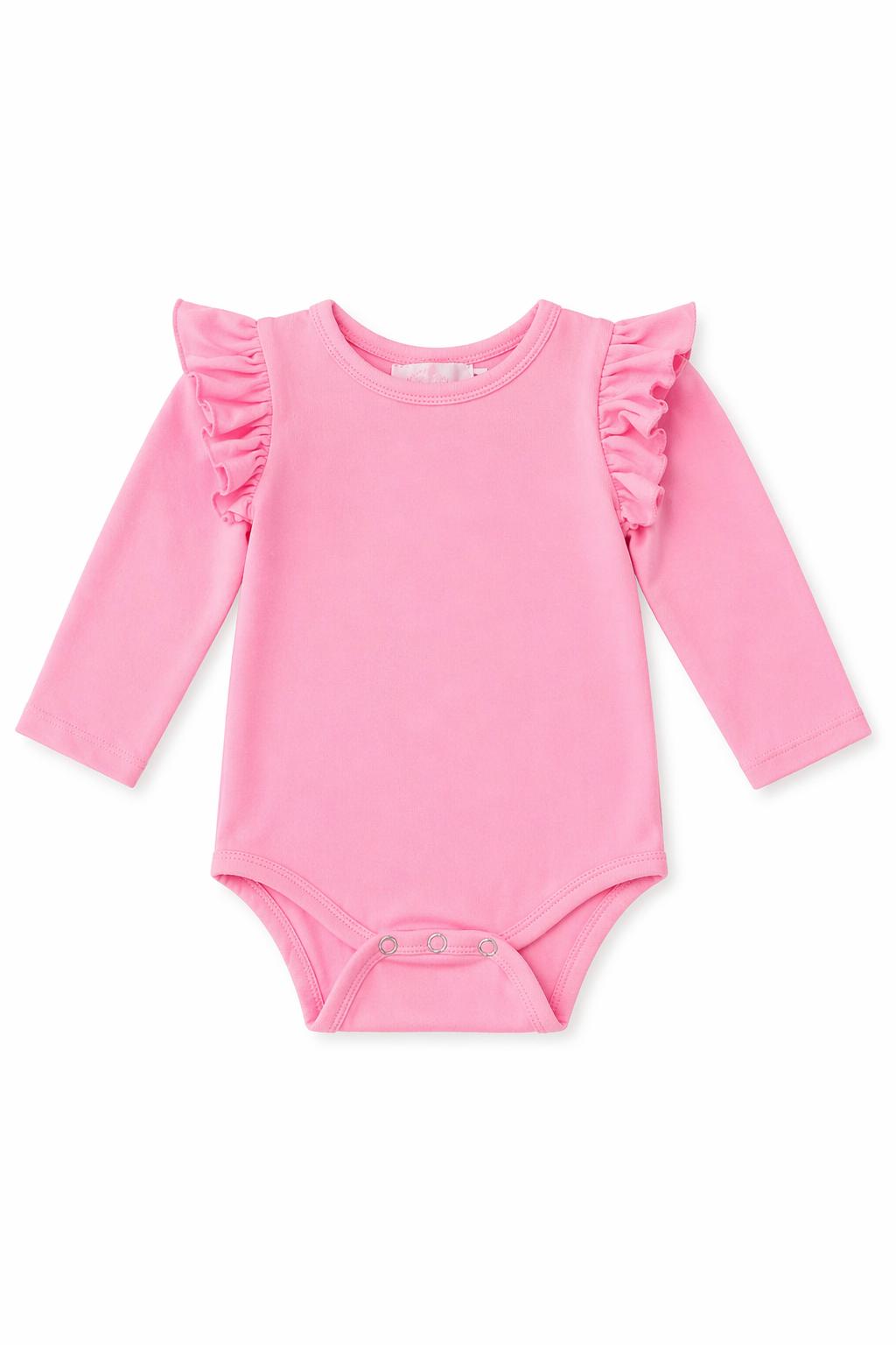 a pink baby bodysuit with ruffles