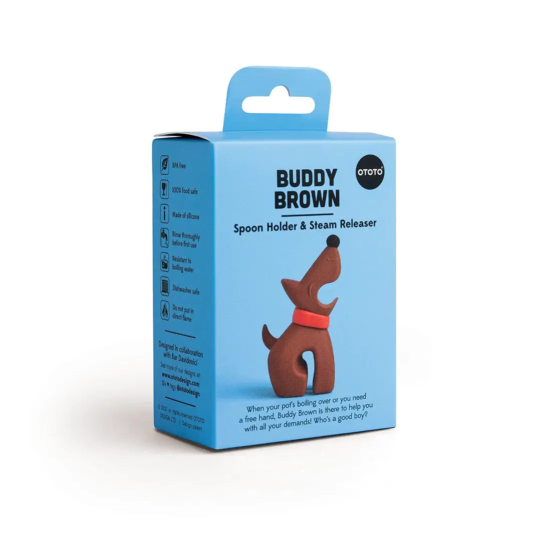 a blue box with a brown dog on it
