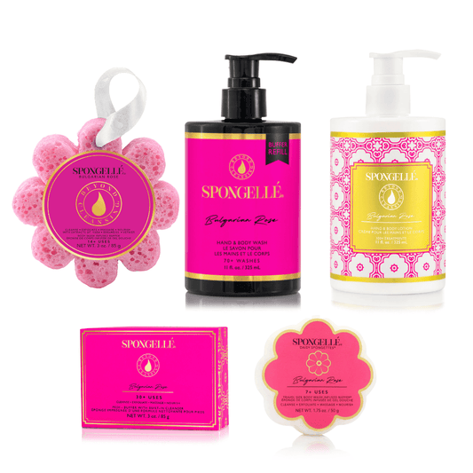 a group of pink and white products