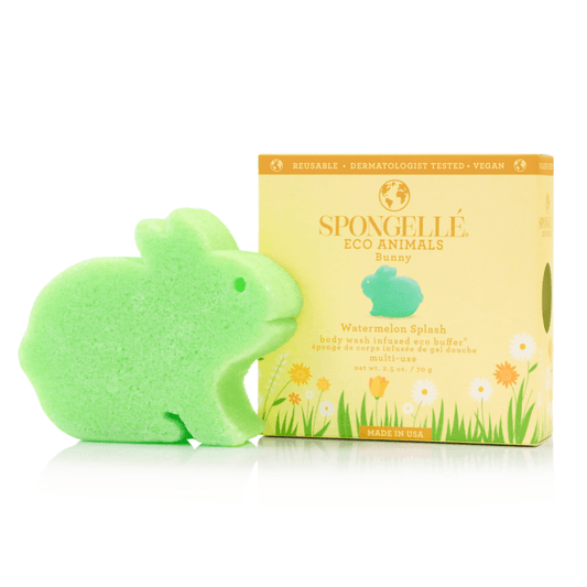 a sponge in the shape of a rabbit next to a box