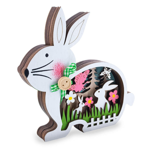 Bunny Shape Spring Garden with Butterflies Wooden Figurine