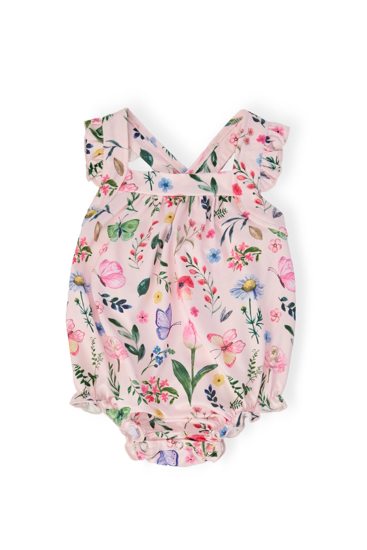 a pink romper with flowers and butterflies