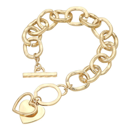 Hammered Layered Heart Charm Chunky Chain Toggle Bracelet
