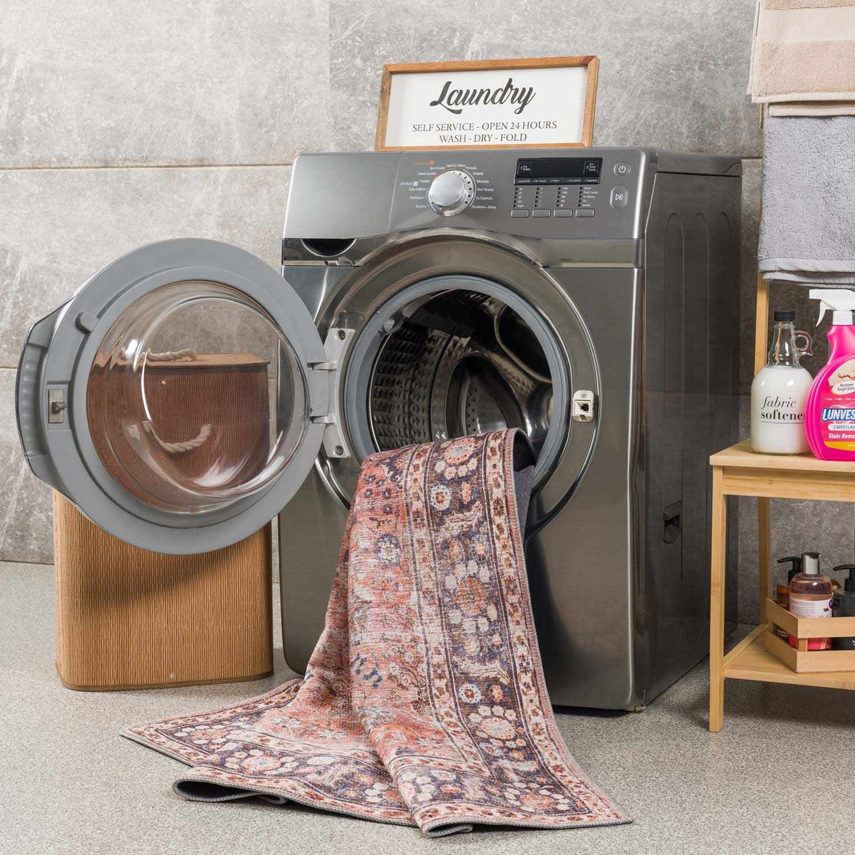 a washing machine with a rug