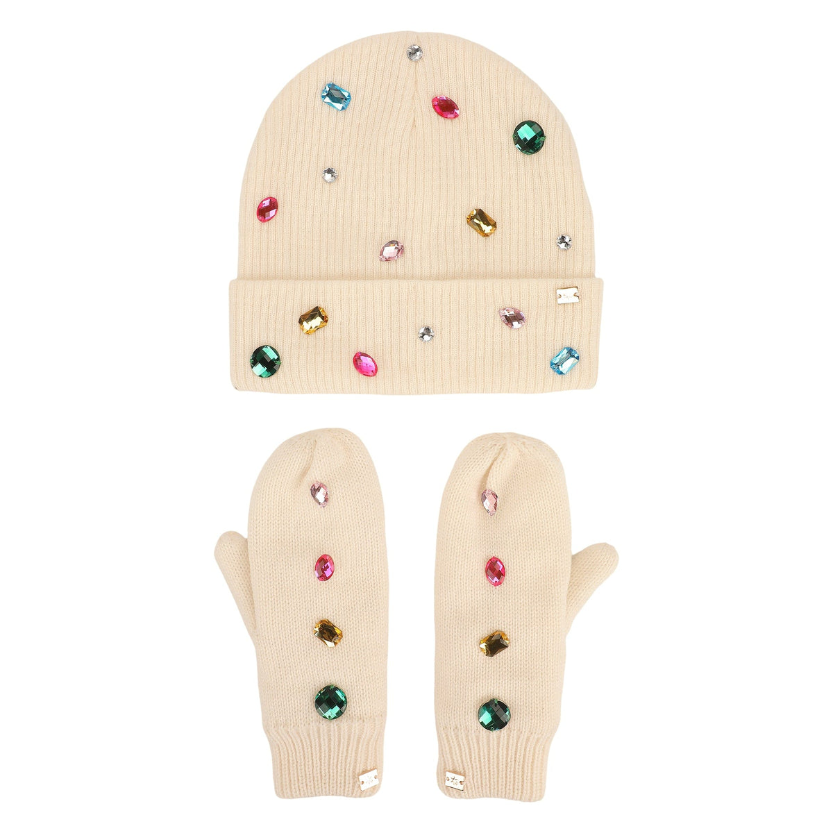 White Knit Rhinestone Beanie and Mittens Set