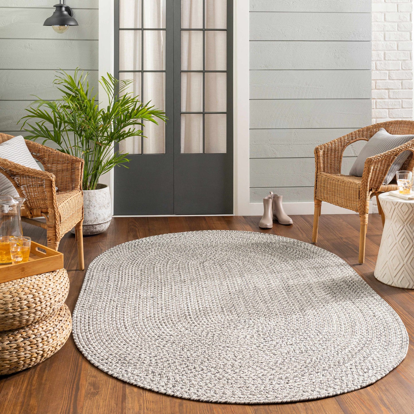 Cream Charcoal Braided Faux Jute Outdoor Rug