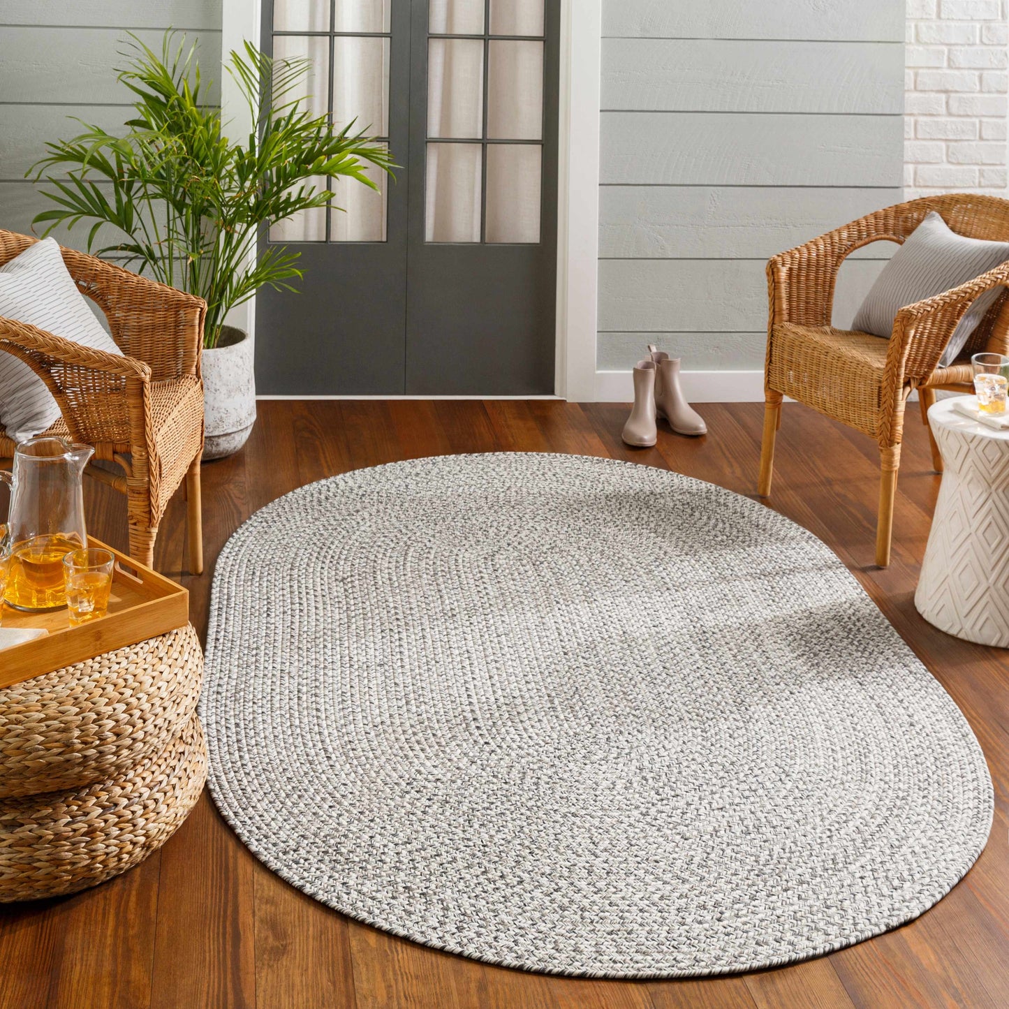 Cream Charcoal Braided Faux Jute Outdoor Rug