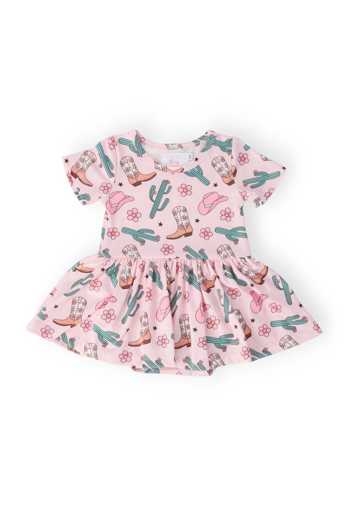 a pink dress with cowboy boots and flowers