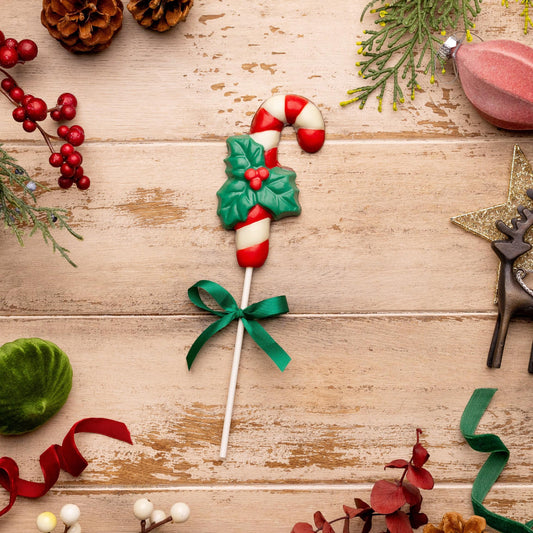 a candy cane on a stick surrounded by decorations