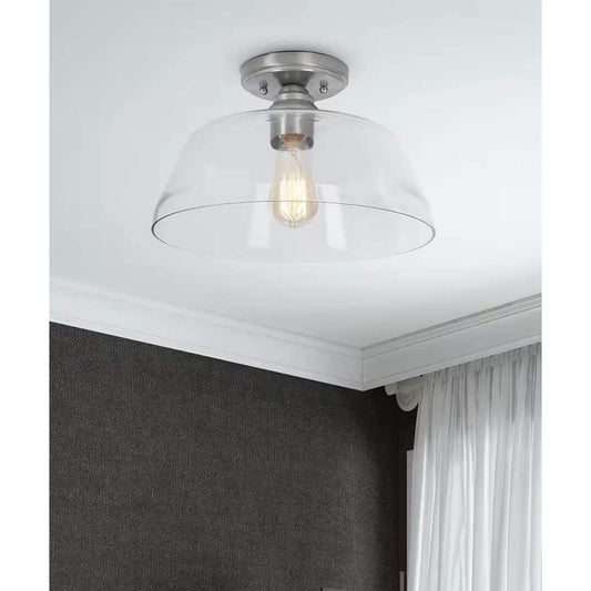 Catalina 13"W 1-Light Semi Flush Mount Vintage Light Fixture Brushed Nickel Finish with Glass Shade