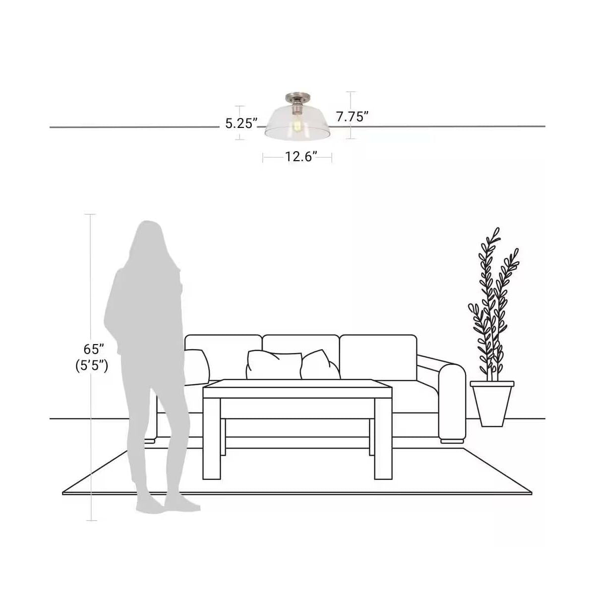 Catalina 13"W 1-Light Semi Flush Mount Vintage Light Fixture Brushed Nickel Finish with Glass Shade