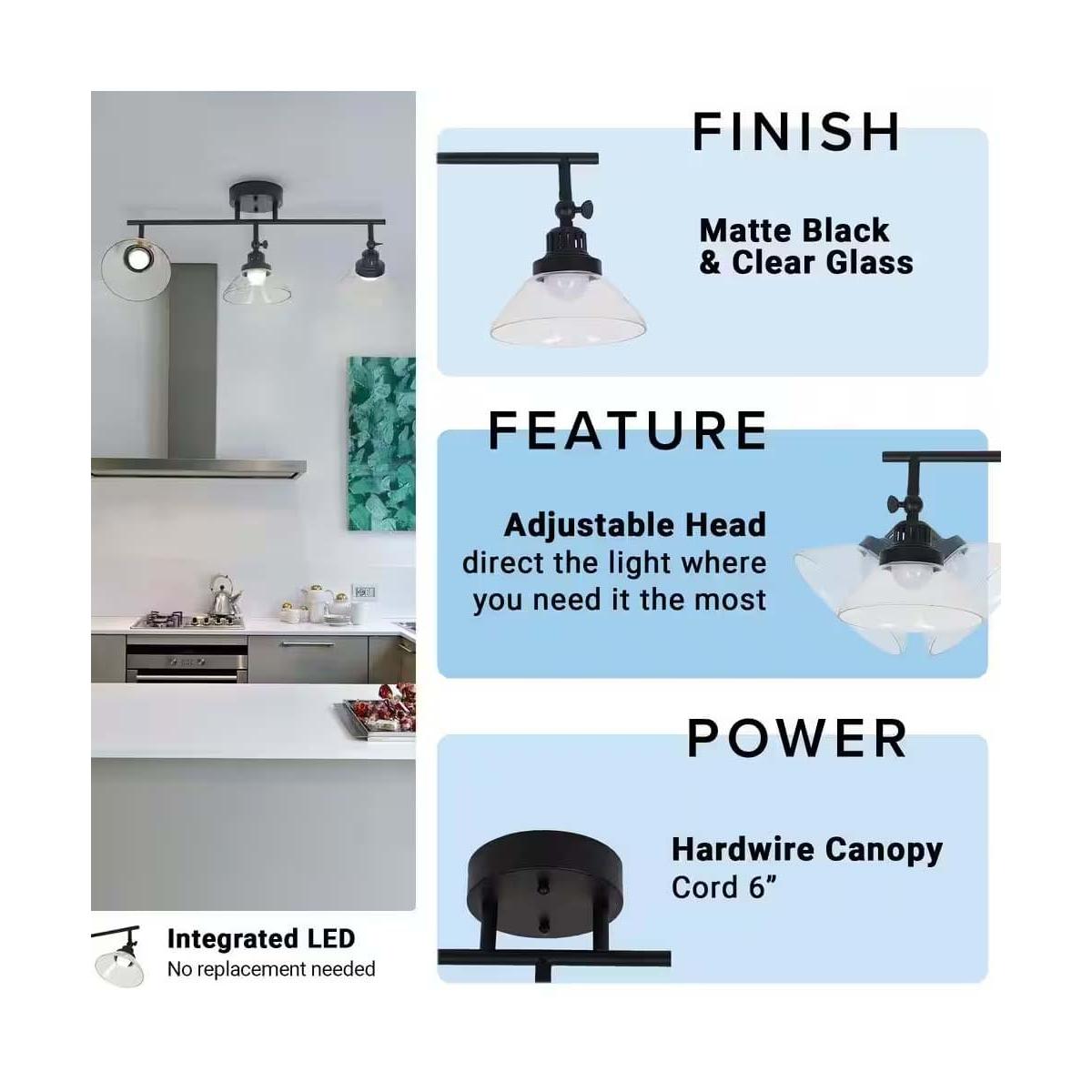 Catalina 23"W 3-Light LED Track Bar Light Fixture, Matte Black with Clear Glass Shades