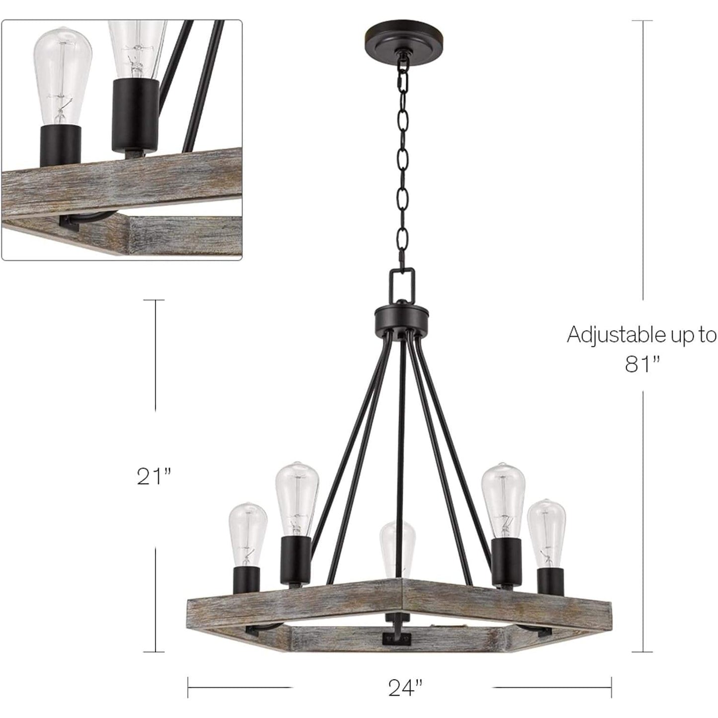 Catalina 24"W 5-Light Country Rustic Pentagon Tray Chandelier, Faux Wood Finish with Matte Black Accents