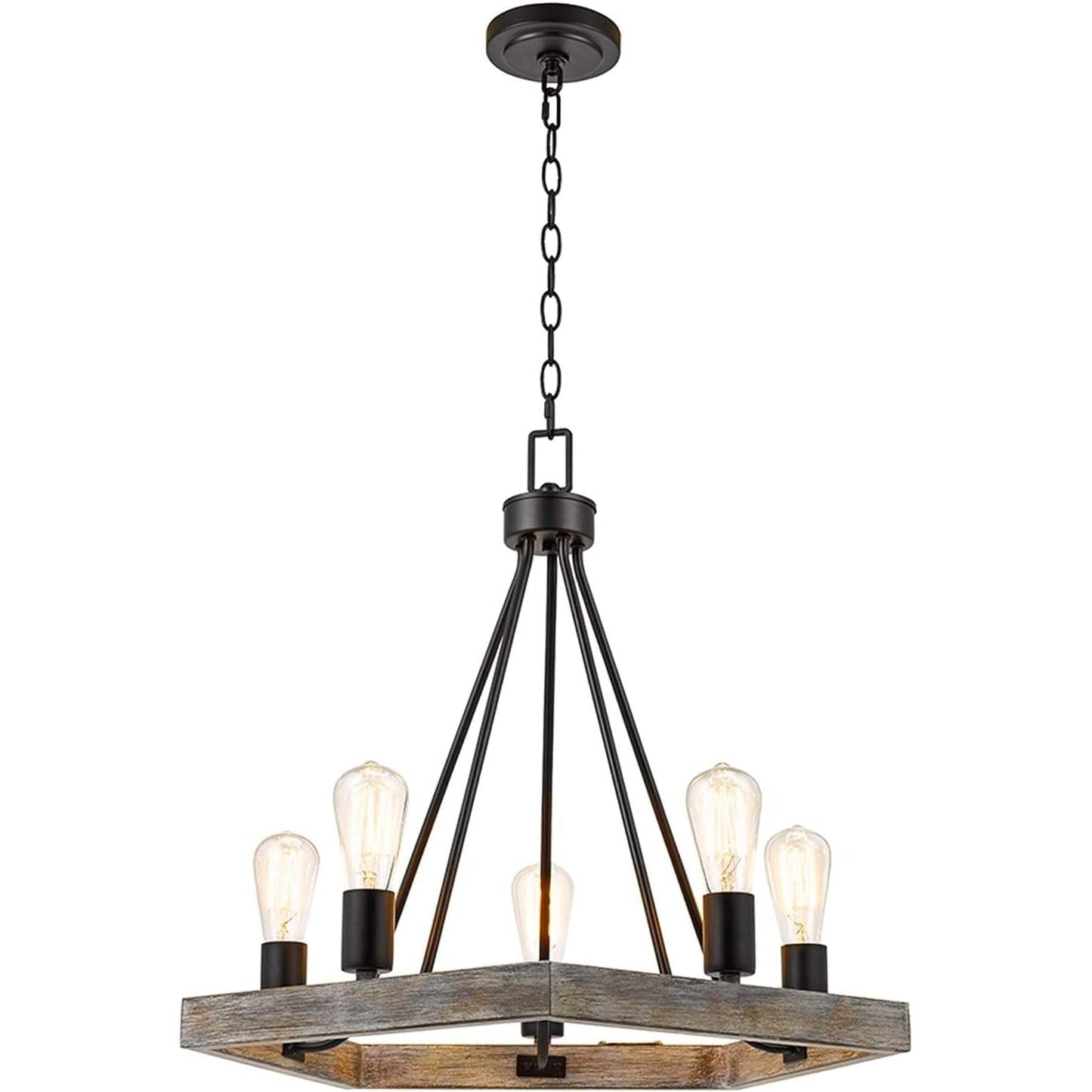 Catalina 24"W 5-Light Country Rustic Pentagon Tray Chandelier, Faux Wood Finish with Matte Black Accents