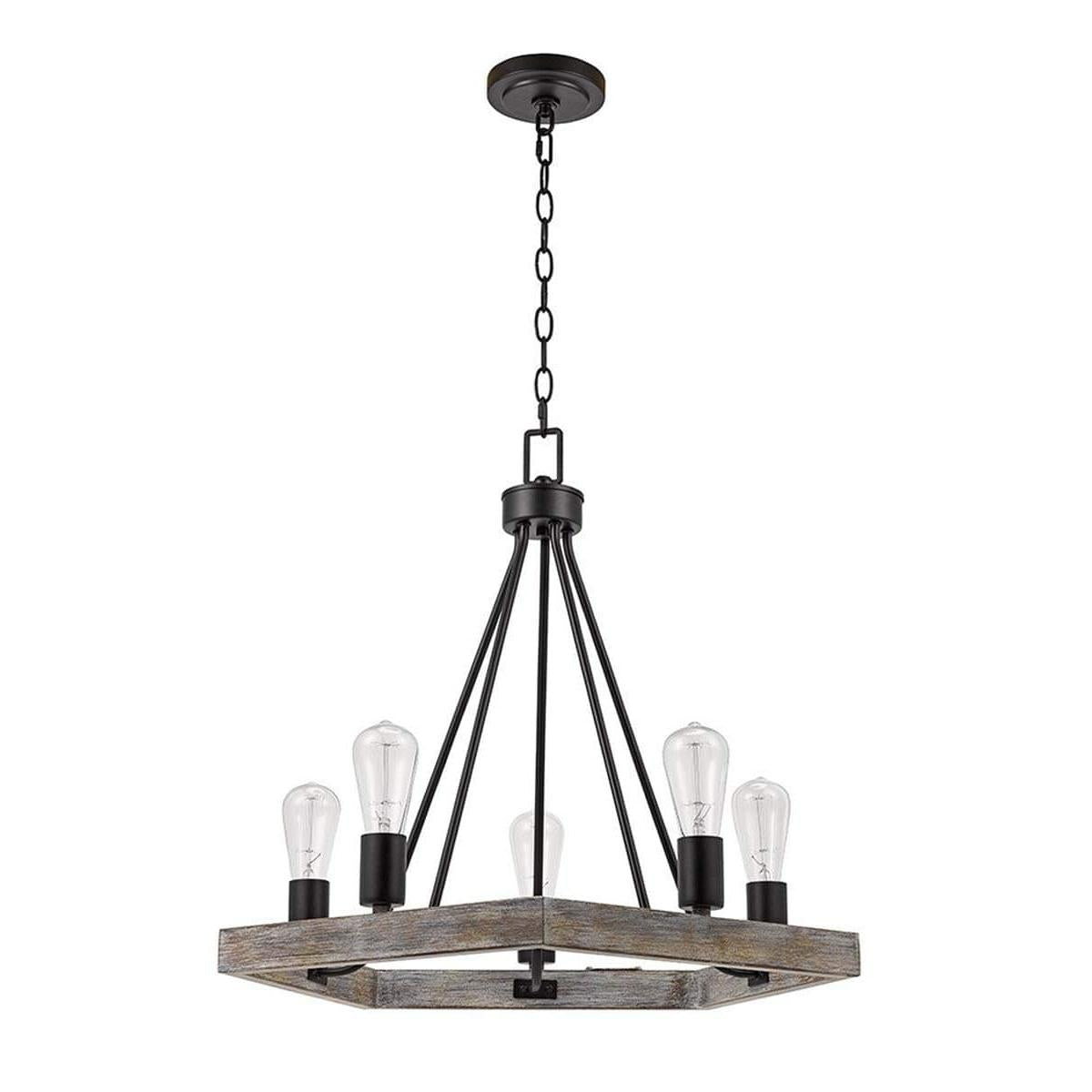 Catalina 24"W 5-Light Country Rustic Pentagon Tray Chandelier, Faux Wood Finish with Matte Black Accents