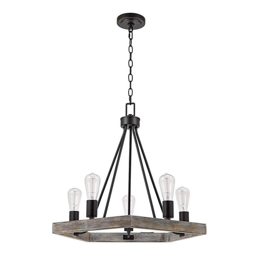 Catalina 24"W 5-Light Country Rustic Pentagon Tray Chandelier, Faux Wood Finish with Matte Black Accents